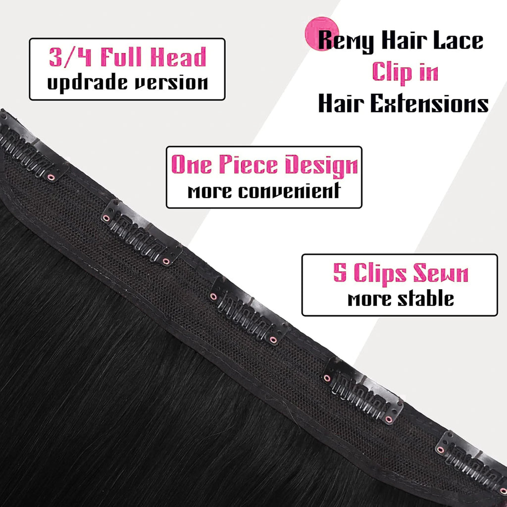 One Piece Clip in Hair Extensions Straight 5 Clip 100% Human Hair Extension Clip in Human Hair 3/4 Full Head Straight Remy Human