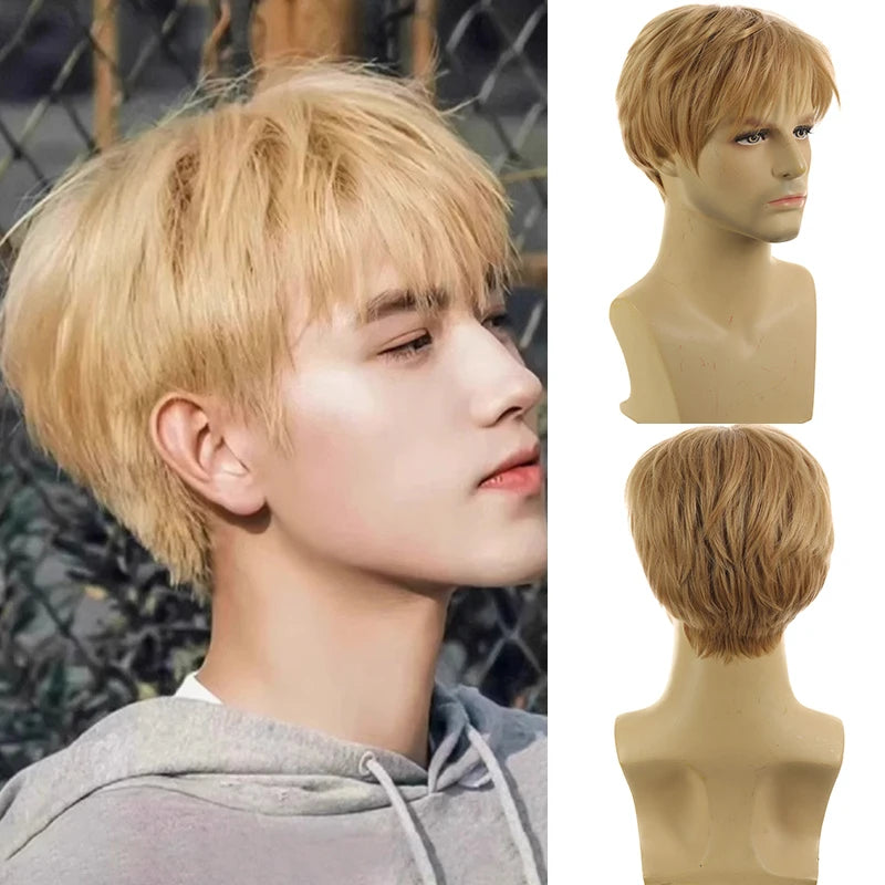 Handsome Korean Boys' Black Short Straight Wig Synthetic Wig Slightly Broken Cover Fluffy for Halloween Daily Party