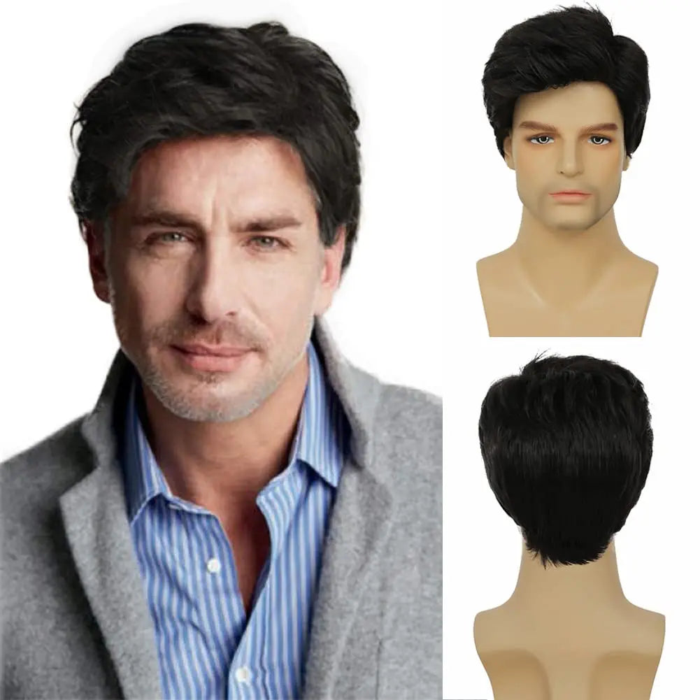 Synthetic Mens Wig Short Hair Mens Hair Replacement Wigs Mens's Black Wig for Men Hair Full Wig for Male Guy Christmas