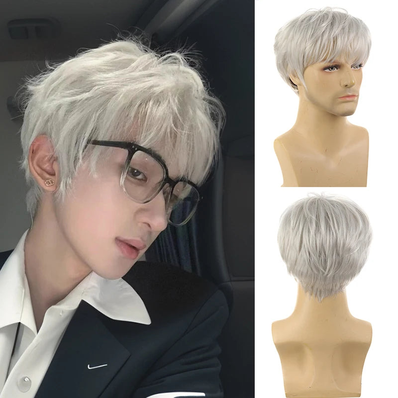 Handsome Korean Boys' Black Short Straight Wig Synthetic Wig Slightly Broken Cover Fluffy for Halloween Daily Party