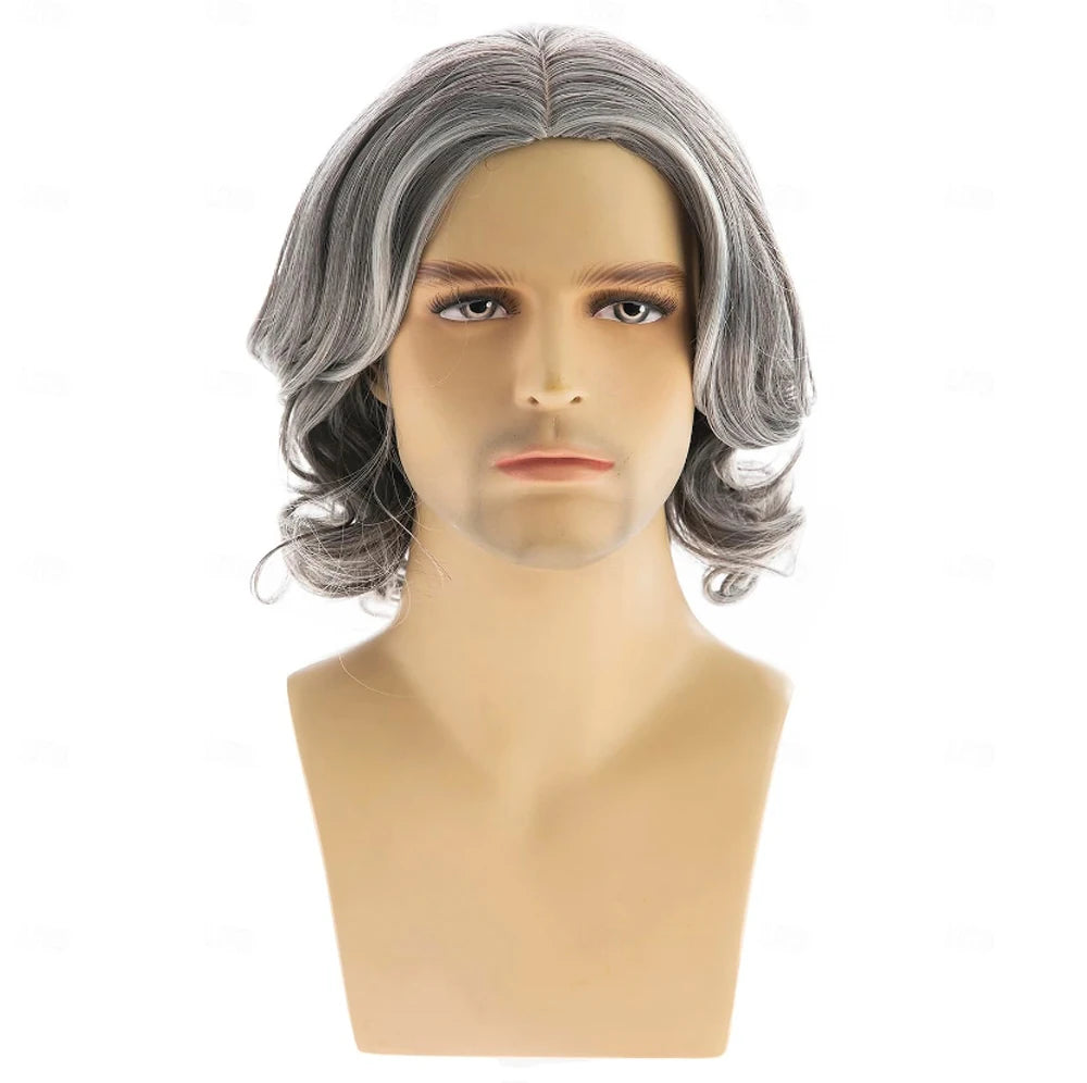 HAIRJOYMens Grey Wig Short Wavy Bob Wig Synthetic Cosplay Party Replacement Hair Wig