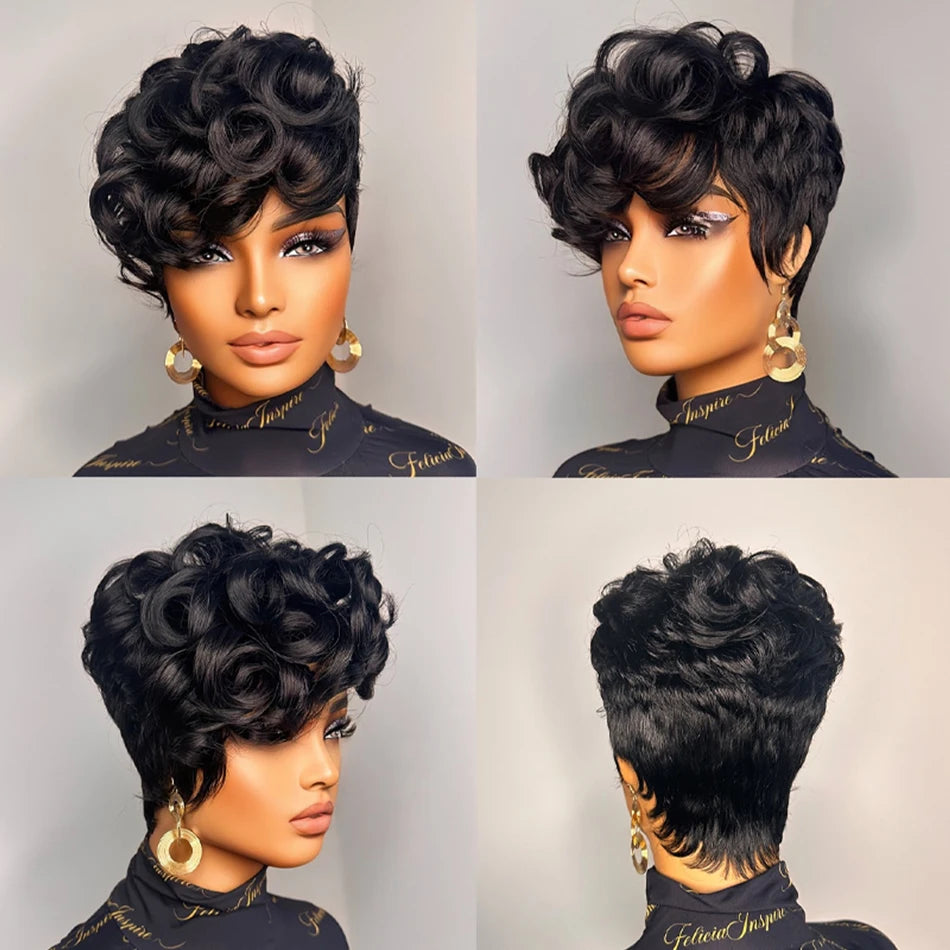 1B# Pixie Cut Human Hair Wig for Women 6" Layered Short Loose Curly with Bangs 180% Density Remy Brazilian Hair Machine Made Cap