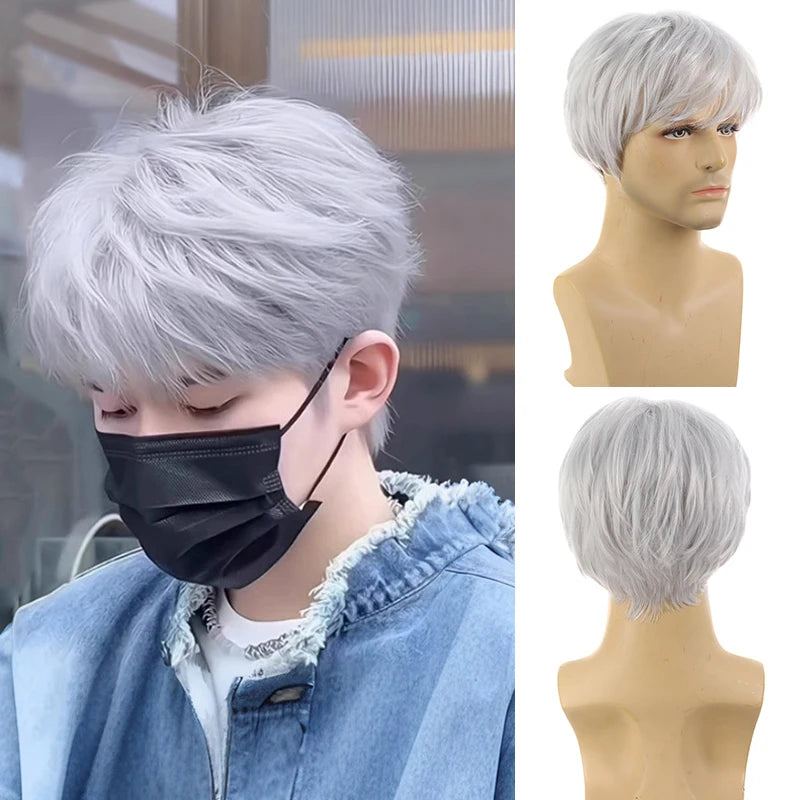 Handsome Korean Boys' Black Short Straight Wig Synthetic Wig Slightly Broken Cover Fluffy for Halloween Daily Party
