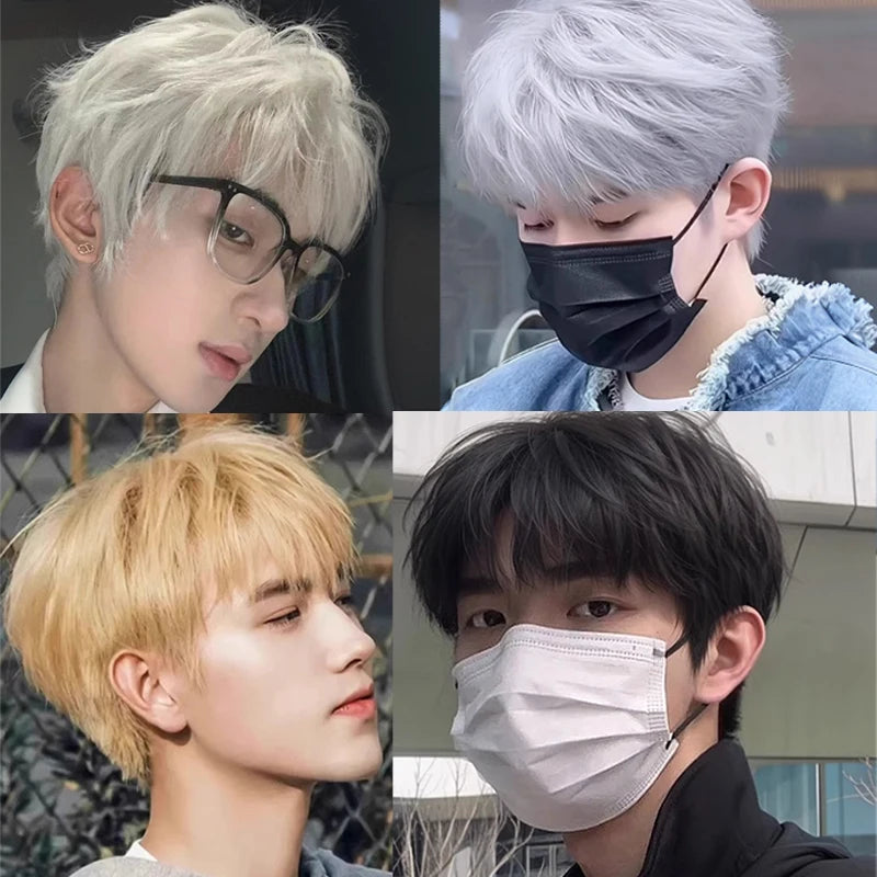 Handsome Korean Boys' Black Short Straight Wig Synthetic Wig Slightly Broken Cover Fluffy for Halloween Daily Party