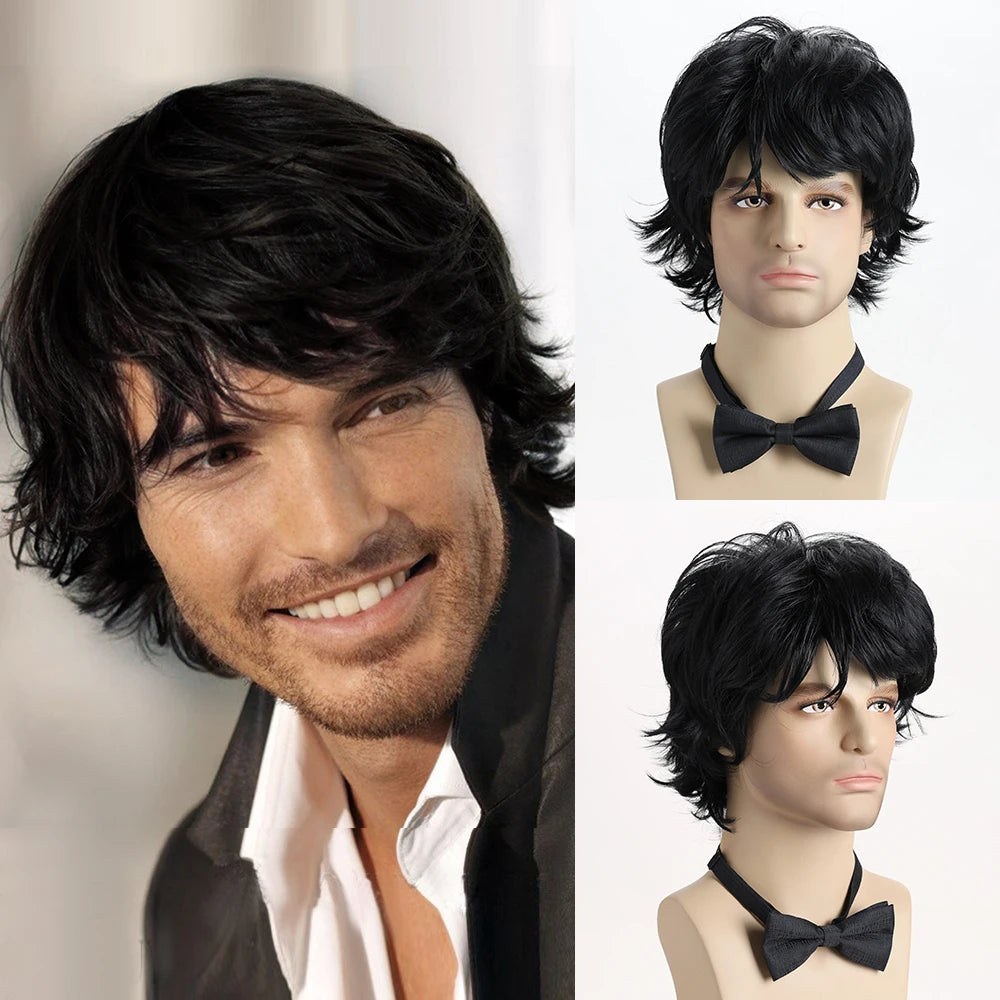 Synthetic Hair Short Curly Brown Wig for men Layered Heat Resistant Wigs With Bangs For Daily Use