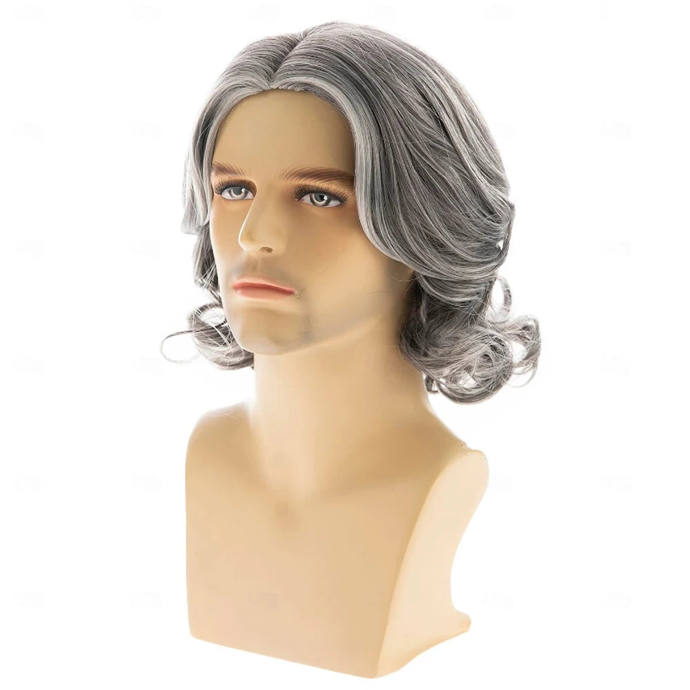 HAIRJOYMens Grey Wig Short Wavy Bob Wig Synthetic Cosplay Party Replacement Hair Wig