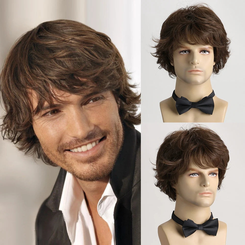 Synthetic Hair Short Curly Brown Wig for men Layered Heat Resistant Wigs With Bangs For Daily Use