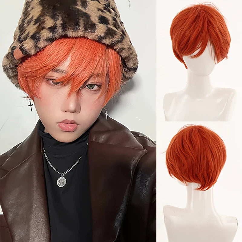 Handsome Korean Boys' Black Short Straight Wig Synthetic Wig Slightly Broken Cover Fluffy for Halloween Daily Party