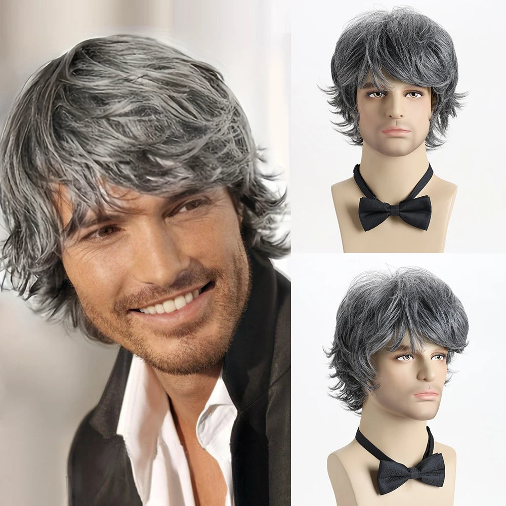 Synthetic Hair Short Curly Brown Wig for men Layered Heat Resistant Wigs With Bangs For Daily Use