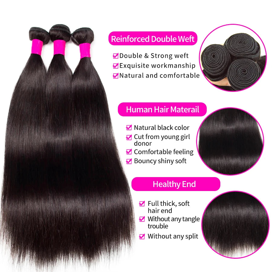 100% Remy Straight Human Hair Bundles 1/3/4 PCS Natural Black Brazilian Hair Weave Bundles 14-30 Inch Human Hair Extensions