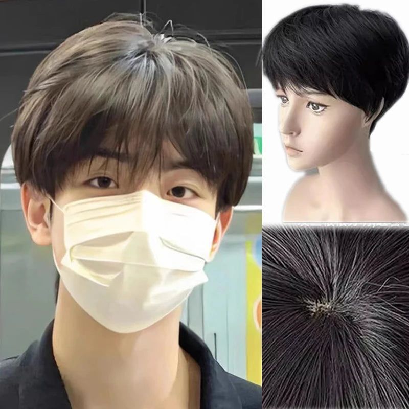 Handsome Korean Boys' Black Short Straight Wig Synthetic Wig Slightly Broken Cover Fluffy for Halloween Daily Party