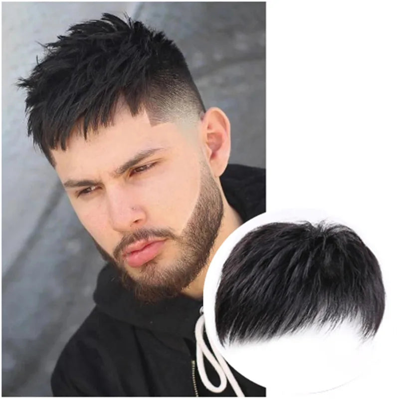 Wig piece men's hair patch forehead baldness cover white hair natural breathable synthetic fiber high temperature silk