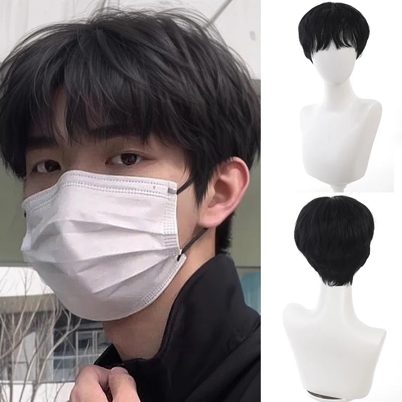 Handsome Korean Boys' Black Short Straight Wig Synthetic Wig Slightly Broken Cover Fluffy for Halloween Daily Party