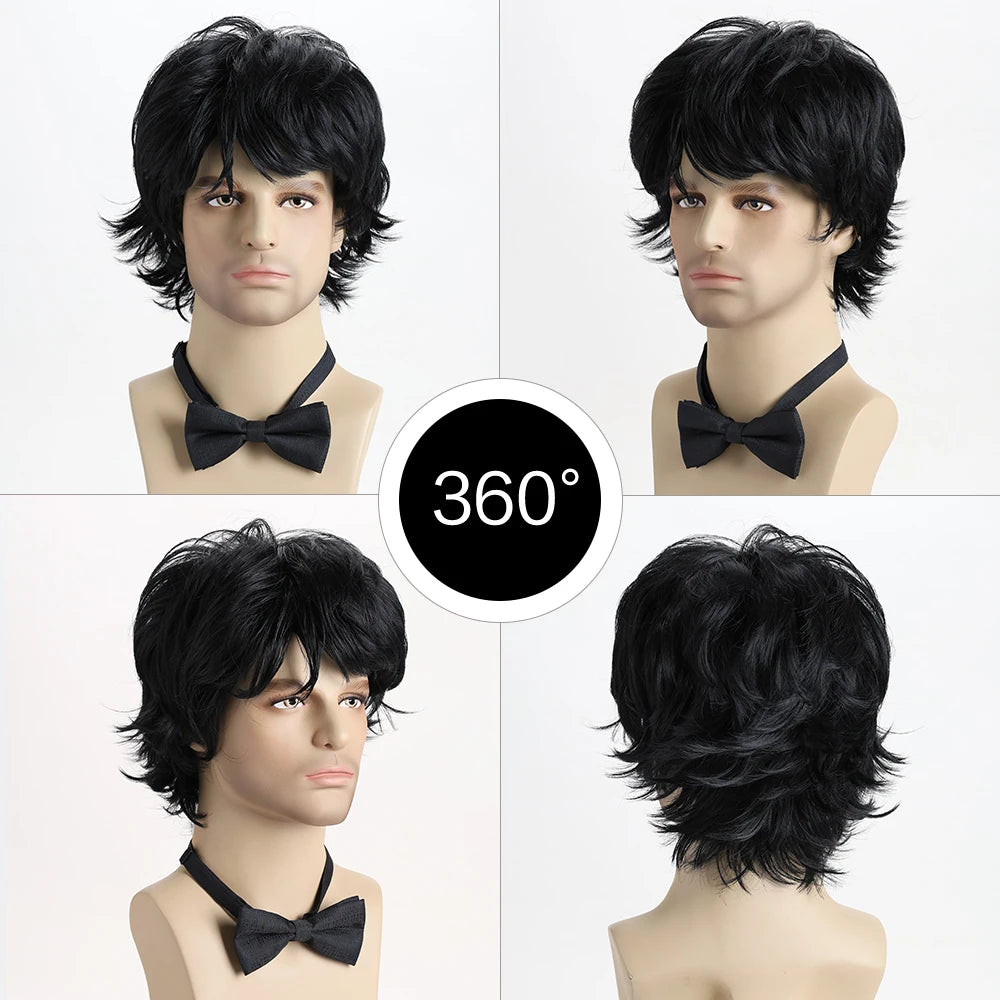 Synthetic Hair Short Curly Brown Wig for men Layered Heat Resistant Wigs With Bangs For Daily Use