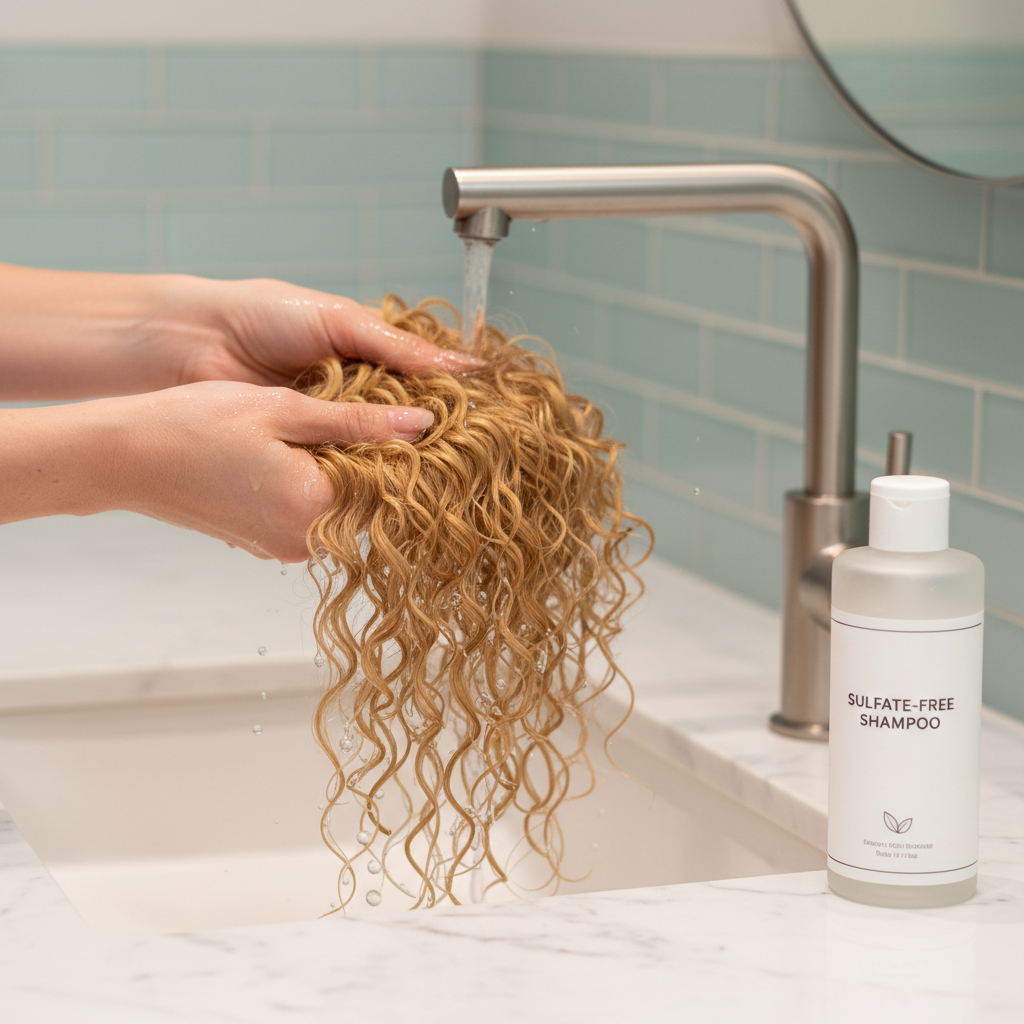 génère moi une photo de dimension 5x5 qui concerne des perruques qui a repport au Lavez votre perruque à l'eau tiède avec un shampooing sans sulfate. Ne frottez jamais la fibre, laissez l'eau couler.