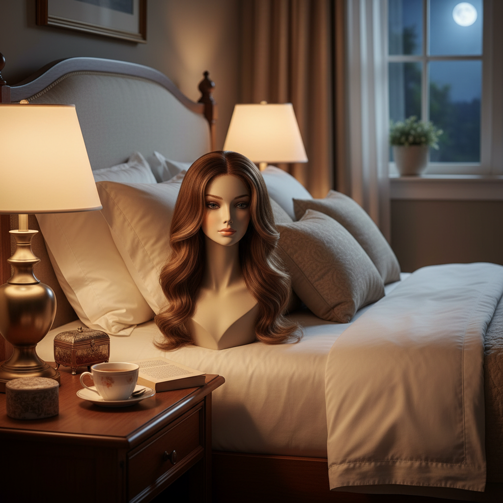 génère moi une photo de dimension 5x5 qui concerne des perruques qui a repport au Ne dormez pas avec votre perruque si possible. Posez-la sur un support (porte-perruque) pour qu'elle garde sa forme.