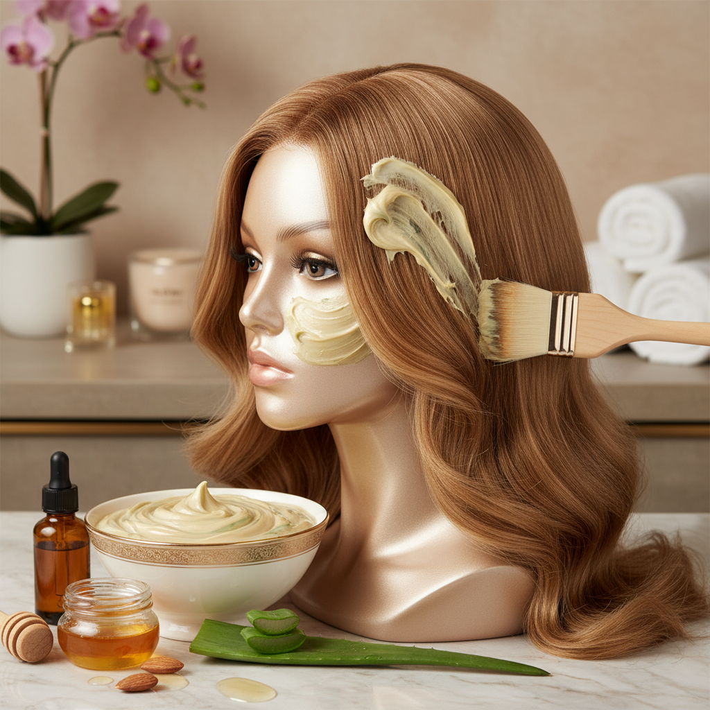 génère moi une photo de dimension 5x5 qui concerne des perruques qui a repport au Pour les perruques en cheveux humains, un masque hydratant une fois par semaine est indispensable pour garder la brillance.