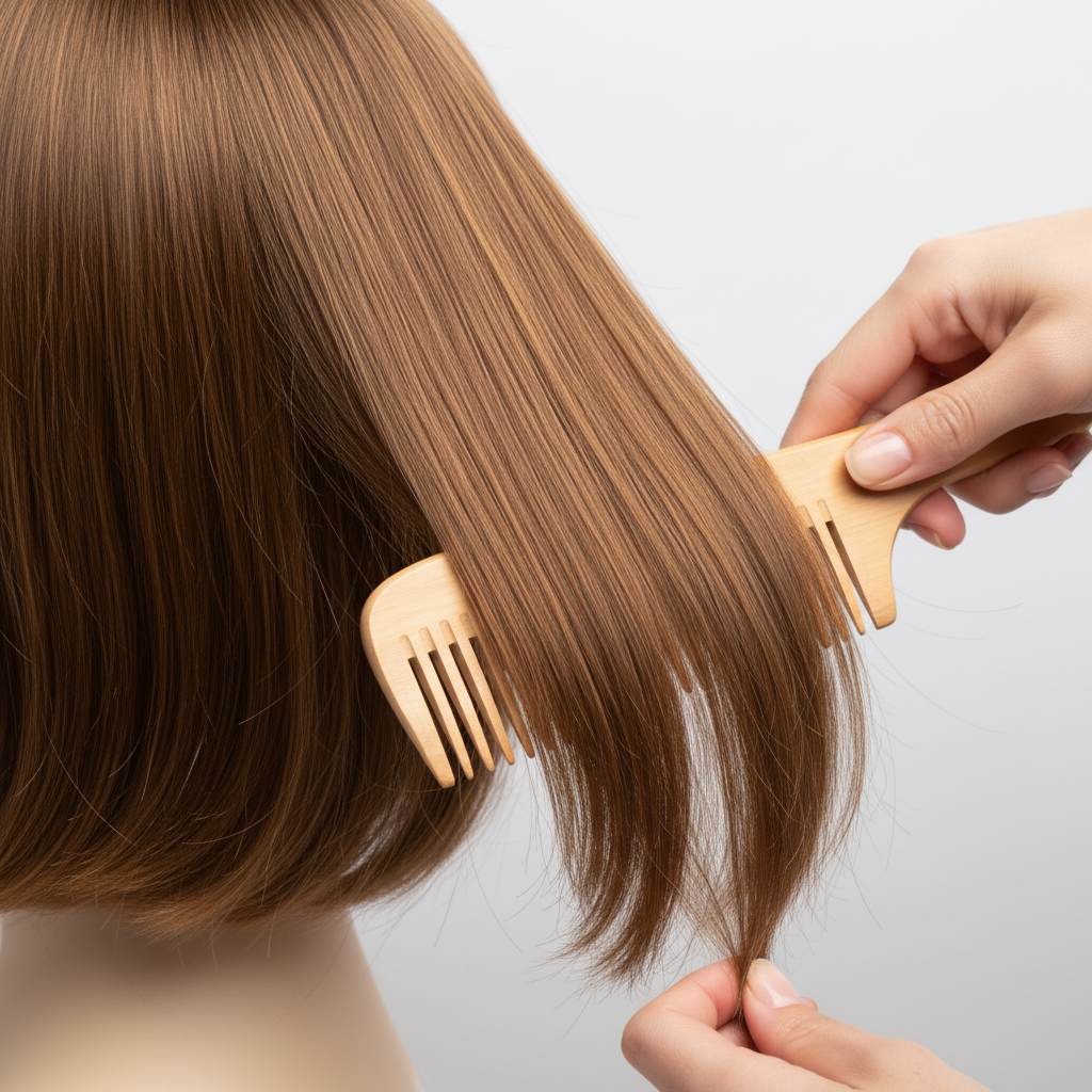 génère moi une photo de dimension 5x5 qui concerne des perruques qui a repport au: Utilisez toujours un peigne à dents larges ou une brosse adaptée, en commençant par les pointes et en remontant vers la racine.